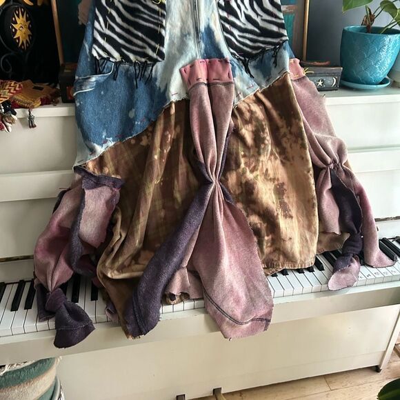 Upcycled Asymmetrical Tie-Dye Dress Denim Patchwork One Size Zebra - Picture 9 of 15